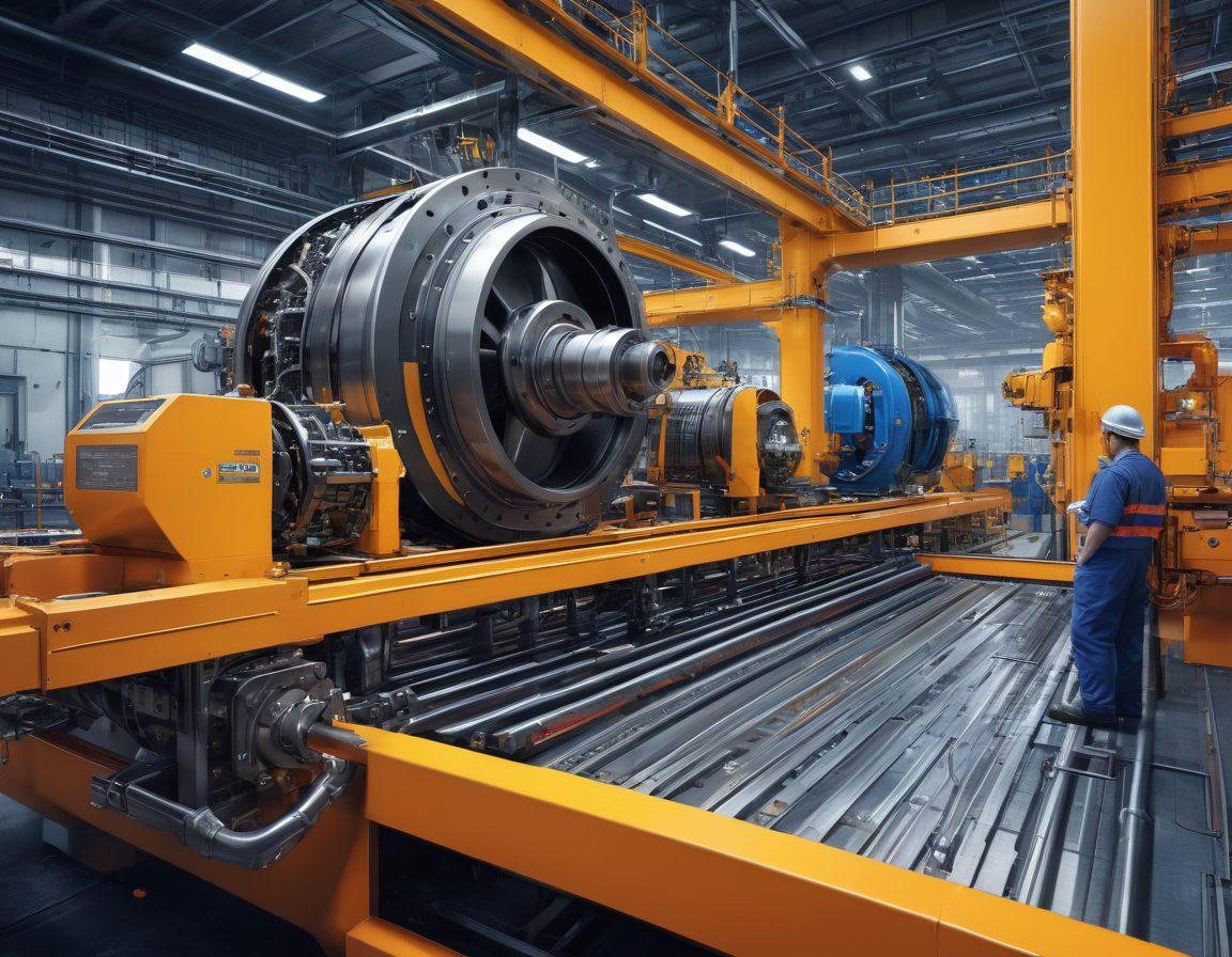 A detailed illustration of a modern industrial setting showcasing shaft engineering. Include a sleek, high-tech machine with rotating shafts, engineers in hard hats collaborating over blueprints, and maintenance tools scattered around. Emphasize the precision and intricacy of the machinery, with gears and levers in action. The environment should feel dynamic and vibrant. super-realistic. vibrant colors. industrial theme.