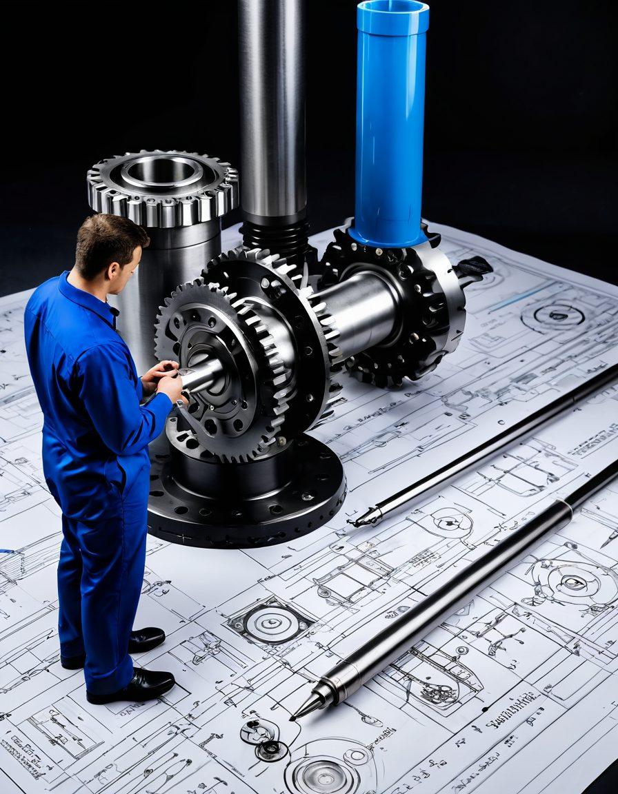 A highly detailed diagram showcasing a precision shaft in motion, surrounded by various mechanical components such as gears and bearings, with arrows indicating dynamic forces at play. Include an engineer examining the diagram with tools in hand, set in a modern workshop environment with blueprints scattered around. The background features technical notes and equations to enhance the theme of mastery in shaft dynamics. vibrant colors. super-realistic.